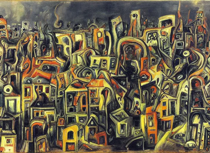 Prompt: a cityscape of chaos, houses, trees and hell in style of Chaim Soutine and Frank Auerbach and Bosch