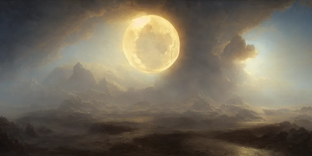 Prompt: a beautiful hyper realistic detailed matte painting of a moon exploding, by john howe and greg rutkowski and albert bierstadt, unreal engine, trending on artstation, barometric projection, rectilinear, f 8