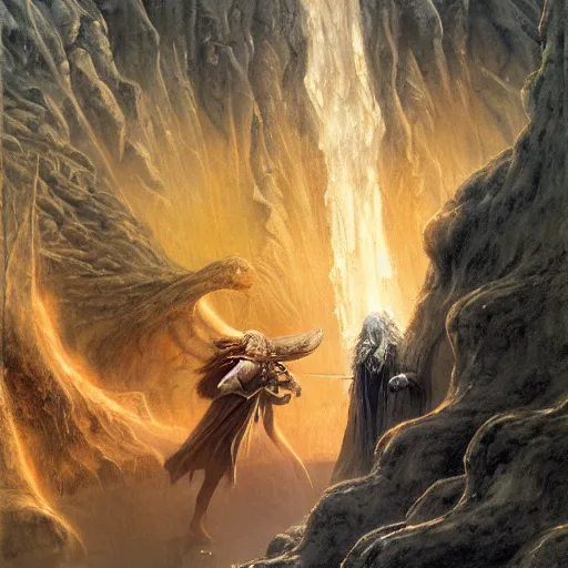 Image similar to beautiful gandalf fighting the balrog, by alan lee, lord of the rings, smooth, detailed terrain, oil painting, matte painting, concept art, trending on artstation