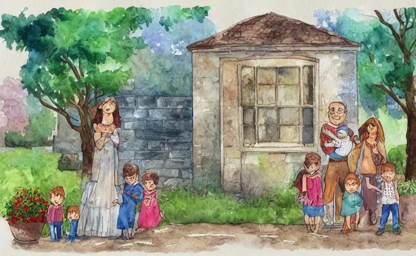 Image similar to storybook illustration of a wall with family pictures, watercolor