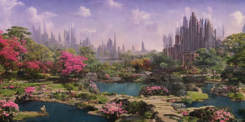 Image similar to establishing matte painting of a utopian city designed by frank lloyd wright in spring, flowers, trees, lake