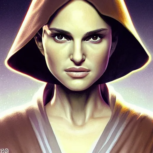 Prompt: natalie portman, female, jedi master, wearing the traditional jedi robe, beautiful and uniquely odd looking, detailed symmetrical close up portrait, intricate complexity, in the style of artgerm and ilya kuvshinov, magic the gathering, star wars art,