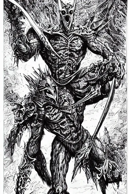 Prompt: the guyver as a d & d monster, pen - and - ink illustration, etching, by russ nicholson, david a trampier, larry elmore, 1 9 8 1, hq scan, intricate details, high contrast