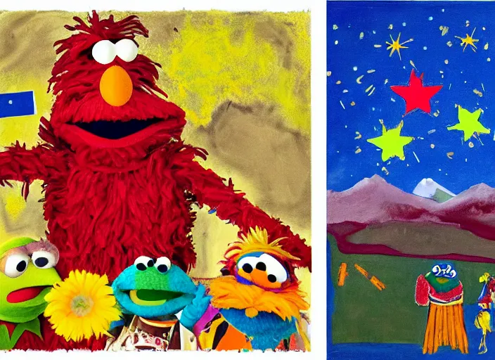 Image similar to expressionistic decollage painting trash can toter as tarot card fool with sesame street elmo and kermit muppet on a horse knight in a dark red cloudy night sky background and golden foil jewish stars , mountain lake and blossoming field in background, painted by Mark Rothko, Helen Frankenthaler, Danny Fox and Hilma af Klint, microsoft paint art, semiabstract, color field painting, byzantine art, jpeg compression artifact, pop art look, naive, buff painting, fractal art. Barnett Newman painting, part by Philip Guston and Frank Stella art by Adrian Ghenie, 8k, extreme detail, intricate detail, masterpiece