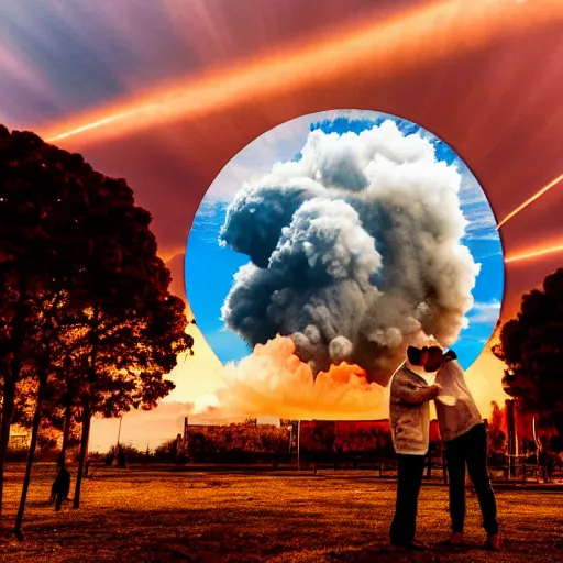 Prompt: a cloud in the shape of a heart from a nuclear explosion, people in foreground are kissing, sports photography, 8k, cinematic lighting, professional photograph