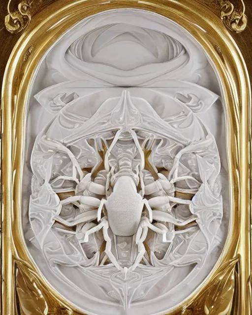 Prompt: symmetry, white marble, white marble bas relief sculpture, white pottery with gold kintsugi, feminine shapes, crabs, spiders, scorpions, tarantulas, stunning, highly detailed, intricately detailed, art nuevo, octane, 8 k, hdr, art by hr geiger and ridley scott and alphonse mucha, trending on artstation