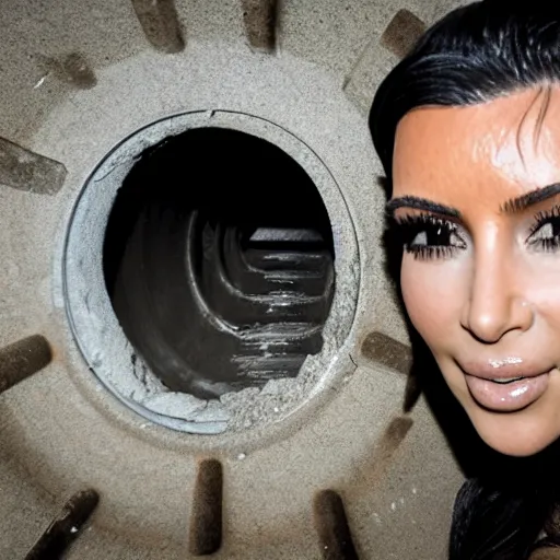 Prompt: photo of kim kardashian trapped inside a sewer grate