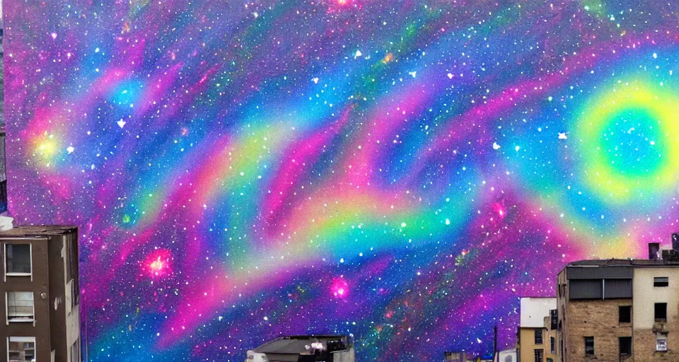 Image similar to galactic mountains surrounded with spiriling sparkling rainbow crystals and galaxies, street art, trending on artstation