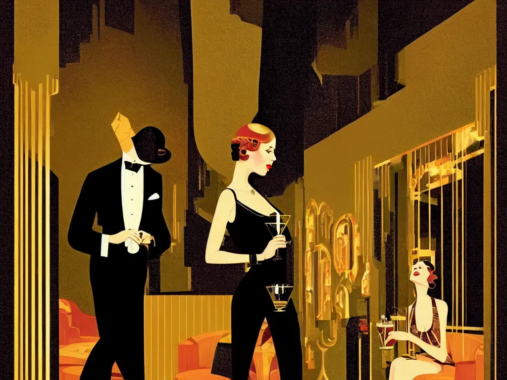 Prompt: an elegant man entering a jazzy nightclub, dimly lit upscale 1920s speakeasy, relaxed pose, art deco, detailed painterly digital art style by Coles Phillips, retro vibe, furaffinity, 🍸, 8k octane beautifully detailed render, post-processing, extremely hyperdetailed, intricate, epic composition, grim yet sparkling atmosphere, cinematic lighting + masterpiece, trending on artstation, very detailed, vibrant colors, Art Nouveau, masterpiece, romanticism