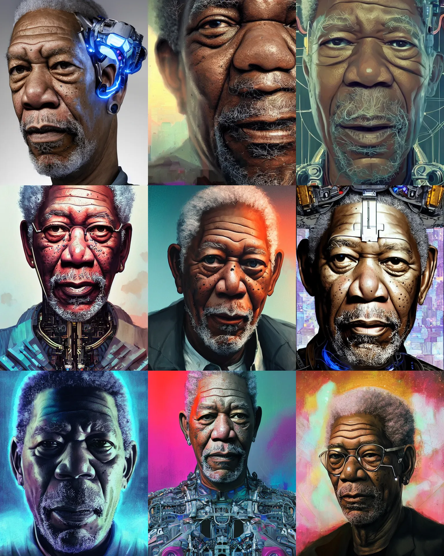 Prompt: portrait of Morgan Freeman as a cyborg. intricate abstract. intricate artwork. by Tooth Wu, wlop, beeple, dan mumford. octane render, trending on artstation, greg rutkowski very coherent symmetrical artwork. cinematic, hyper realism, high detail, octane render, 8k, iridescent accents