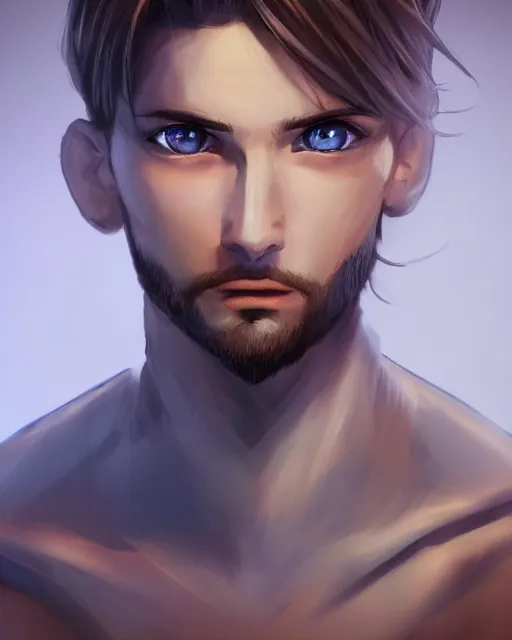 Image similar to face of a masculine 3 0 year old man empeoror with thin face lines, have mi - long brown hair and blue eyes ( completely blue, without white, just blue ), very beautiful portrait, low angle, realistic anime style and perfect art, trending on artstation, good and dramatic lighting