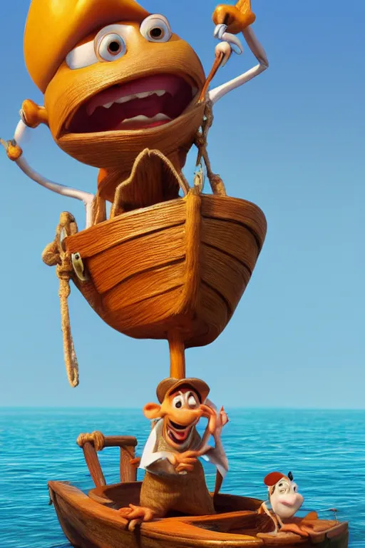 Image similar to a great pirate on a small boat. pixar disney 4 k 3 d render funny animation movie oscar winning trending on artstation and behance. ratatouille style.