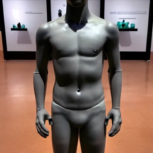 Image similar to “ a realistic detailed photo of a guy who is an attractive humanoid who is half robot and half humanoid, who is a male android, soccer player antoine griezmann, shiny skin, posing like a statue, blank stare, at the museum, on display ”