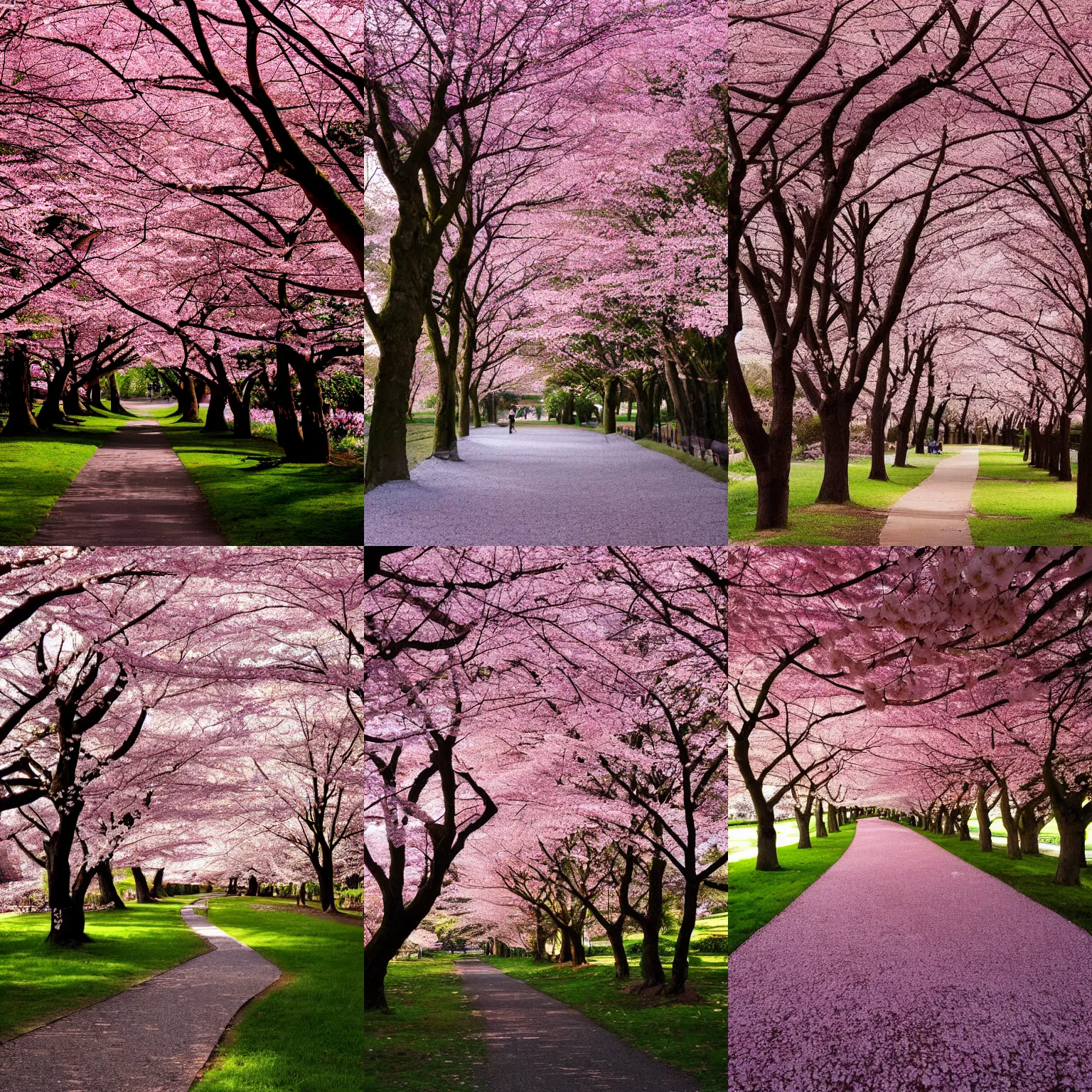 Prompt: photo of a park path lined with beautiful cherry blossom trees, soft lighting,