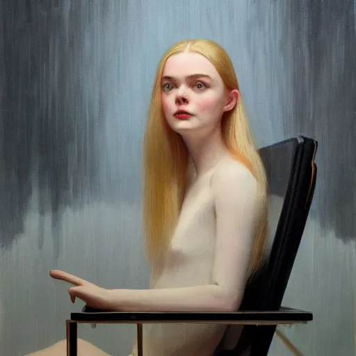 Image similar to Elle Fanning sitting on a white leather chair in the world of Adam Wyeth, head and shoulders portrait, stormy weather, extremely detailed masterpiece, oil on canvas, low-key neon lighting, artstation, Blade Runner 2049, Roger Deakin’s cinematography, by J. C. Leyendecker and Peter Paul Rubens and Edward Hopper and Michael Sowa,