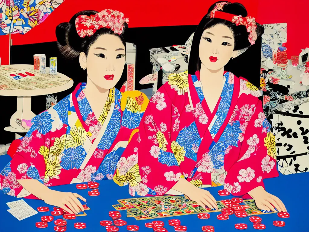 Image similar to hyperrealism composition of the detailed single woman in a japanese kimono sitting at an extremely detailed poker table with barbie, fireworks and folding screen on the background, pop - art style, jacky tsai style, andy warhol style, acrylic on canvas