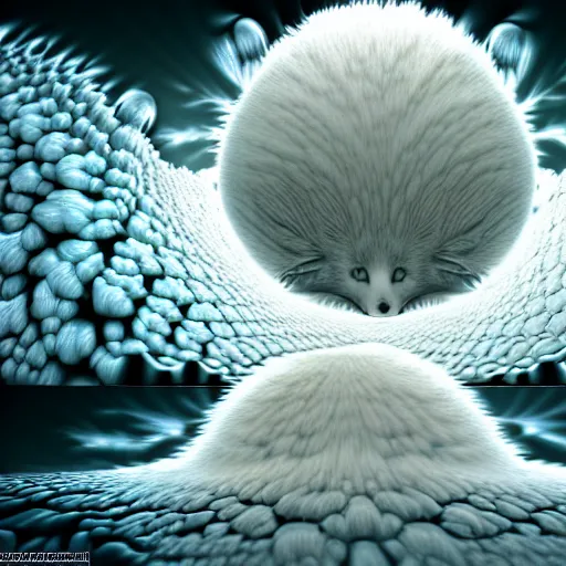 Image similar to hyperrealism photography computer simulation visualisation of parallel universe cgi anime scene with white fox by caravaggio rendered in mandelbulb 9 d