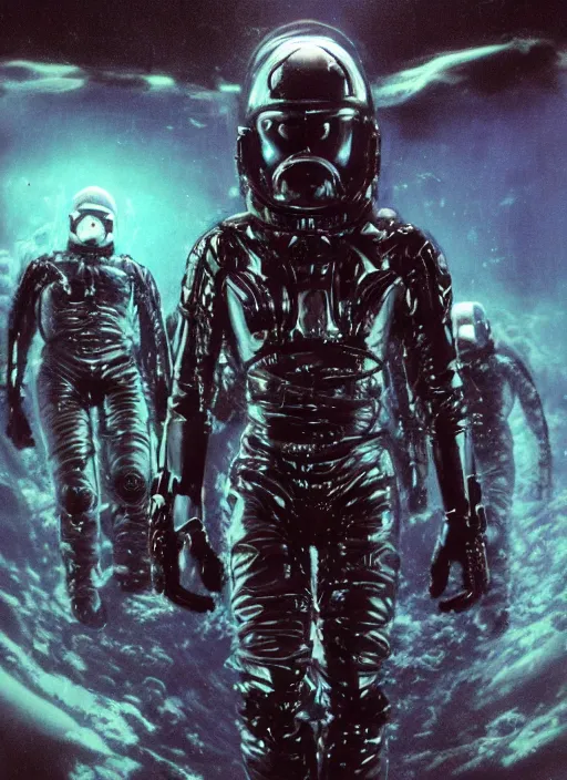 Image similar to astronauts in dark void underwater - complex and hyperdetailed technical suit. reflection and dispersion materials. rays and dispersion of light. volumetric light. f / 3 2. noise film photo. flash photography. ultra realistic, wide angle. poster by wayne barlowe, hajime sorayama aaron horkey, craig mullins