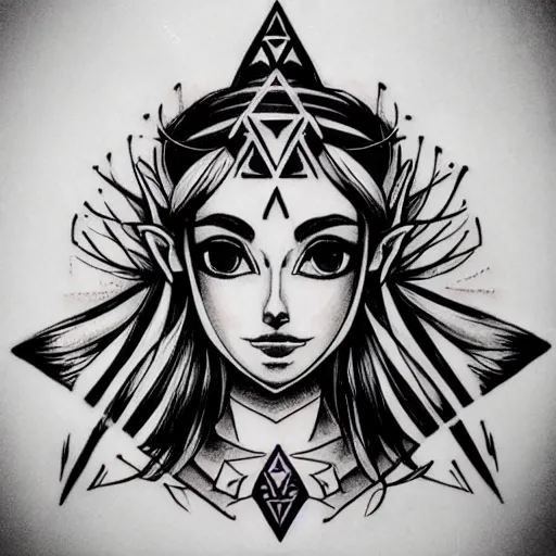 Image similar to tattoo design, stencil, portrait of princess zelda by artgerm, symmetrical face, beautiful, triforce