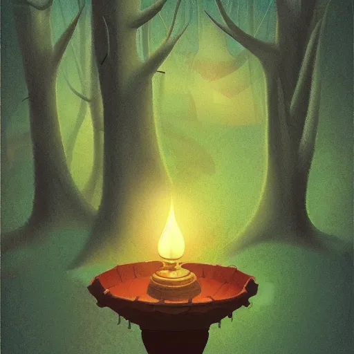 Prompt: a genie’s lamp surrounded by forest, fantasy illustration