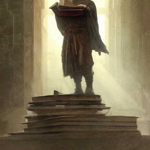 Image similar to half portait of jedi wearing a closed cowl and big old book! chained to the wrist, jeremy mann, jean - leon gerome, tiepolo, alphonse mucha, greg rutkowski, face in the shadows, ( ( ruins of ancient rome ) ), at dusk, mysterious atmosphere, sunrays, dof, high detailed, 8 k