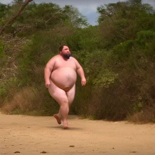 Image similar to mini - dv still of a fat, caucasian man in a swimsuit chasing african tribesmen