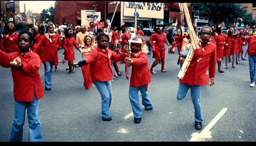 Image similar to 7 0 s film still from a horror movie of gary coleman twirling a baton while marchin in a blm parade, kodachrome, cinecolor, cinestill, film grain, film texture, retro, cinematic, high resolution, photorealism,