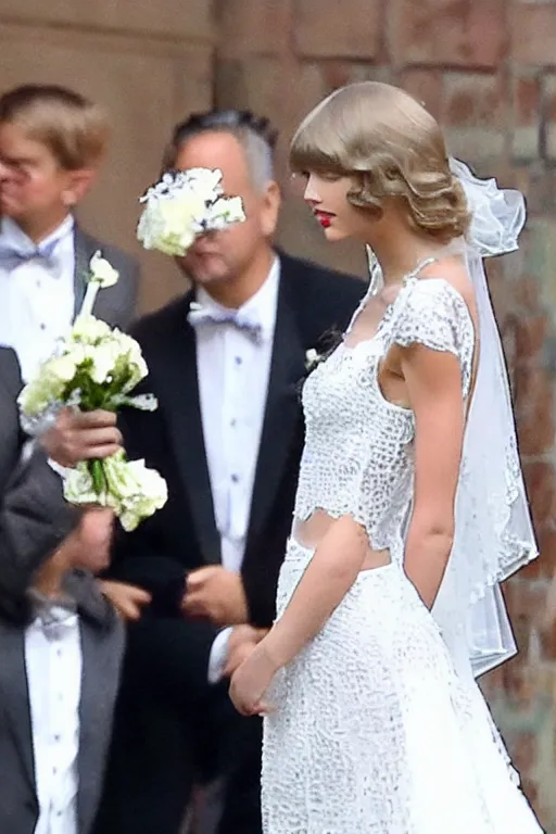 Image similar to medium - shot!!!!!!!!!!!! of taylor swift in a beautiful wedding dress, focus on face and facial details