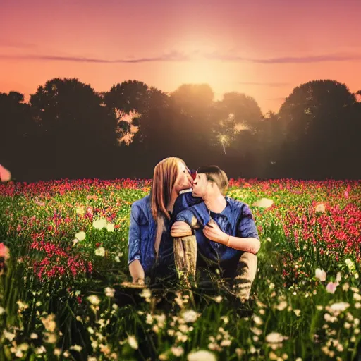 Prompt: a gay couple in their 30s together in a field of flowers at sunset, realistic, intricate, 4k