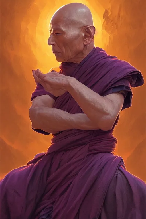 Prompt: an old male warrior monk with a VR headset, golden light, deep dark purple waters, highly detailed, digital painting, artstation, concept art, smooth, sharp focus, illustration, art by artgerm and greg rutkowski and alphonse mucha