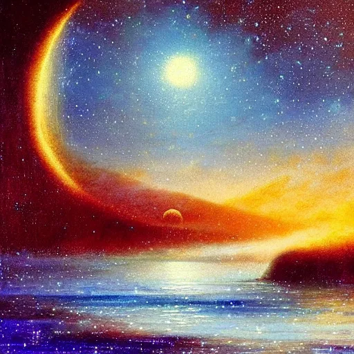 Prompt: a beautiful magical moonlit blue landscape full of ethereal sparkling glowing blue lights with a beautiful galaxy sky and a glistening glittery oceanic horizon, soft lighting, ultra high detail, oil on canvas, HD, by Gilbert Williams