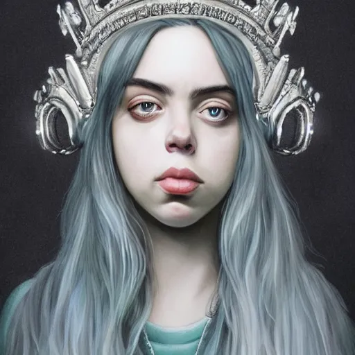 Prompt: portrait of Billie Eilish wearing a crown, dramatic lighting, detailed, very realistic, trending on Artstation, Cgsociety