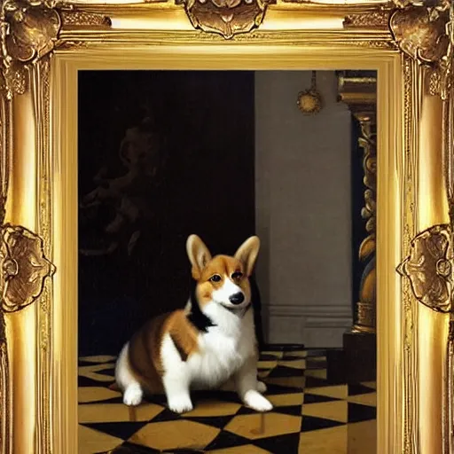 Prompt: corgi. oil on canvas, baroque style gold - gilded frame. 2 4 feet wide, 1 6 feet tall. johannes vermeer.