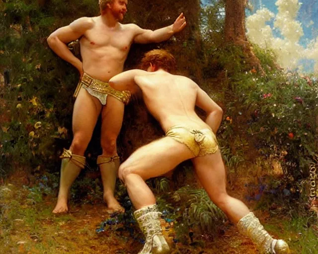 Prompt: arthur pendragon shirtless flirting wit his knight. the knight is also flirting back. both of them are wearing pants, highly detailed painting by gaston bussiere, craig mullins, j. c. leyendecker