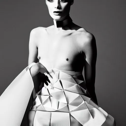 Image similar to a model dressed in an avant garde haute couture dress, angular minimalism, vogue editorial photo, sharp focus dynamic light