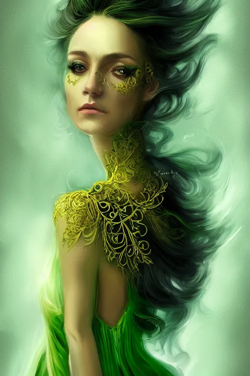 Image similar to a magic the gattering portrait illustration of a woman , fantasy, gradient black green gold, dreamy and ethereal, green eyes, golden ratio, peaceful expression, ornate frilly dress, fantasy, intricate, elegant, ghost, etearal, highly detailed, digital painting, artstation, concept art, smooth,b sharp focus, illustration, art by scott fisher AND artbreeder
