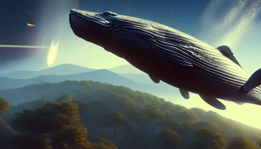 Image similar to highly detailed cinematic scifi render of flying whale over the tuscany skies, cypresses and hills, stars and planets, hyper detailed, digital art, cinematic lighting, studio quality, smooth render, unreal engine 5 rendered, octane rendered, art style by klimt and nixeu and ian sprigger and wlop and krenz cushart, artstation unreal.