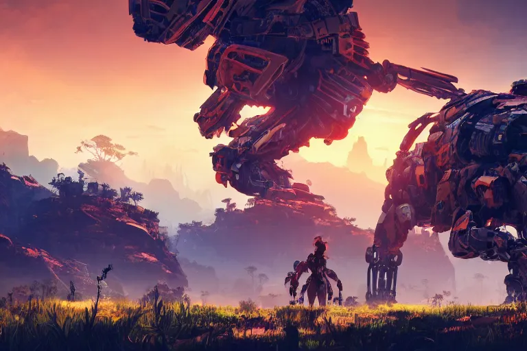 Image similar to scrapper machine mecanical creature robot of horizon forbidden west horizon zero dawn radiating a glowing aura global illumination ray tracing hdr fanart arstation by ian pesty and alena aenami artworks in 4 k