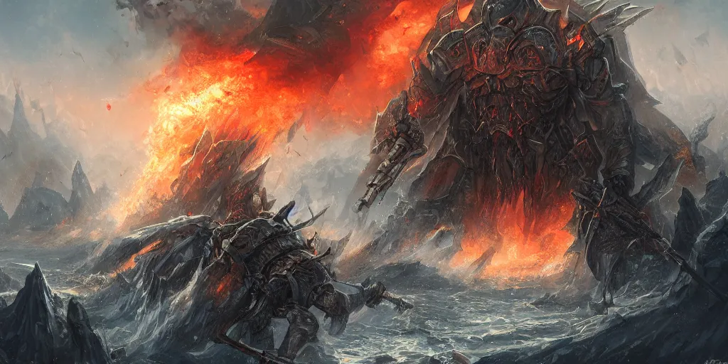 Prompt: death metal apocalypse fire and explosions, waves of waging war, tides of turning time d & d, fantasy, highly detailed, digital painting, trending on artstation, concept art, sharp focus