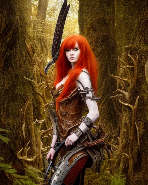 Image similar to 5 5 mm portrait photo of an armored redhead woman with a sword, and antlers growing from her head. magical forest in the backgeound. by luis royo. highly detailed 8 k. intricate. lifelike. soft light. nikon d 8 5 0. cinematic post - processing