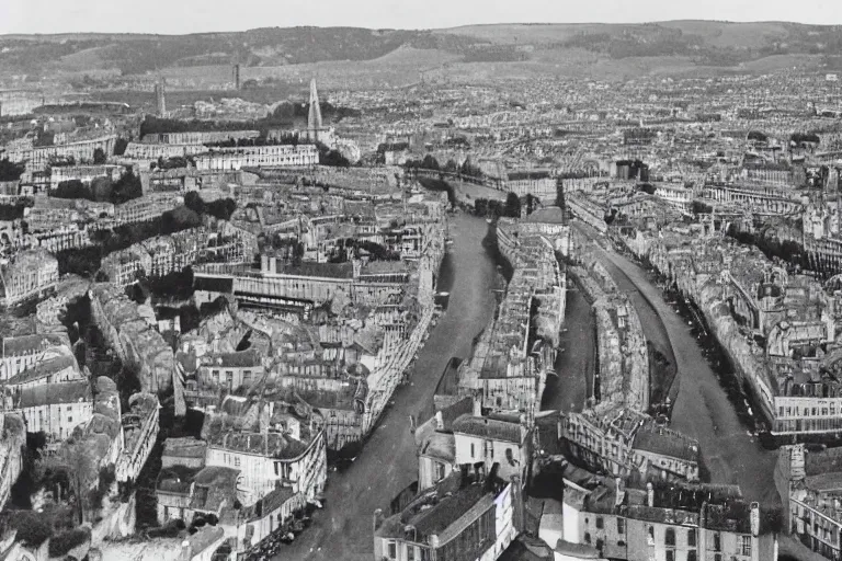 Prompt: a wide shot of 1950 France