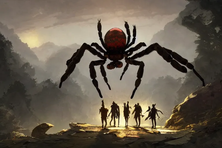 Image similar to an adventurer group with a giant spider behind them, epic, digital art in the style of Greg Rutkowski and Craig Mullins, 4k