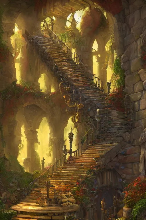 Prompt: matte glossy illustration painting of stone steps fantasy leading steampunk doorway steampipes and valvesl, artstation by emilia dziubak, will terry, greg olsen, chris mars, ann long, and mark brooks, gret ritkowski dramatic, architecture, colorful warcraft architecture