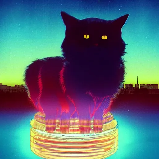 Image similar to glowing looming hovering Paris cylinder tabby cat muffin sherry hickory tree , by Ilya Kuvshinov and Moebius and J.M.W. Turner , #micro , synthwave , masterpiece