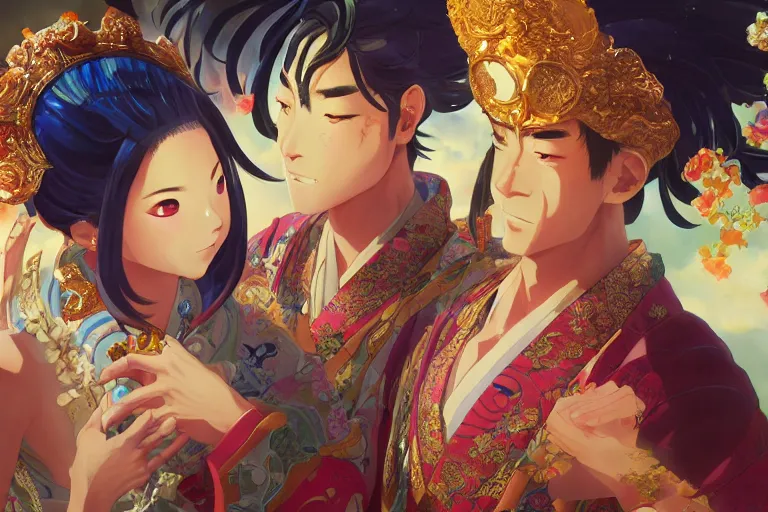 Image similar to close up moment of a divine a japan sun god and a moon goddess lovers magician at a wedding banquet, highly detailed, genshin, fantasy, 4 k realistic, digital painting, trending on artstation, concept art, sharp focus, illustration, art by makoto shinkai and akihiko yoshida and daniel gerhartz