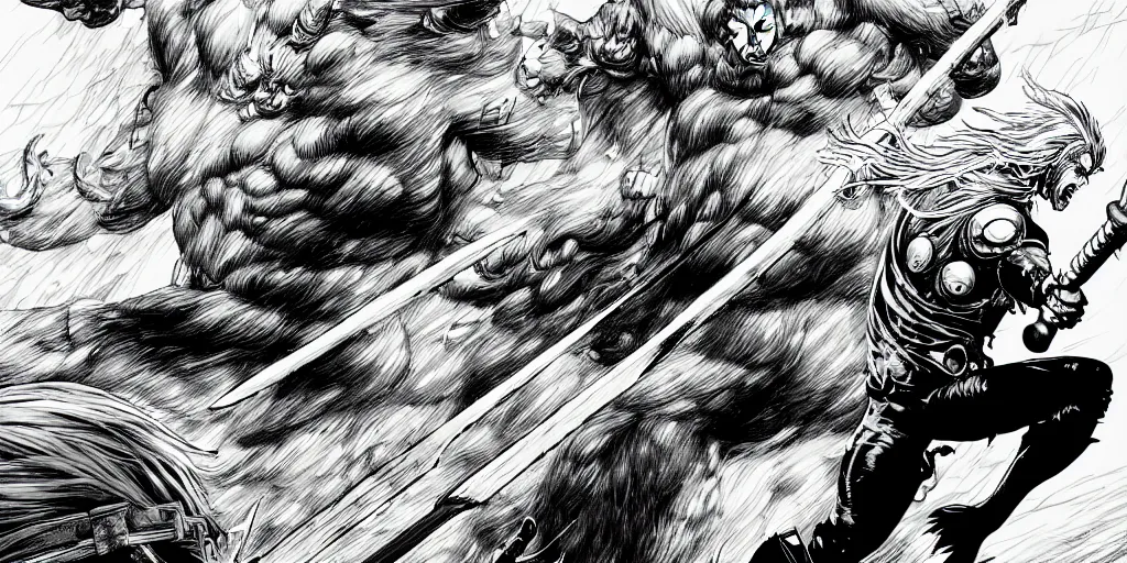 Image similar to thor with blond hair catches lightning and holds an ax in an epic battle with storm clouds with faces monsters by tsutomu nihei, black and white, epic battle background, comic, cinematic