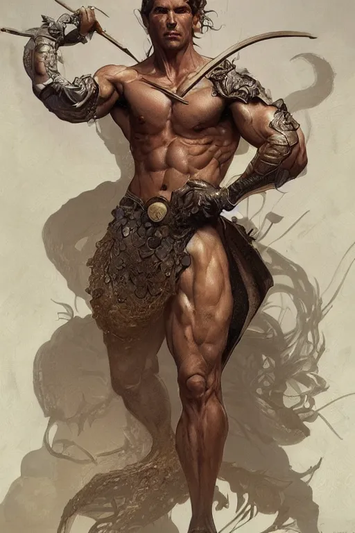 Image similar to Handsome man, muscular upper body, D&D, fantasy, intricate, elegant, highly detailed, digital painting, artstation, concept art, smooth, sharp focus, illustration, art by artgerm and greg rutkowski and alphonse mucha