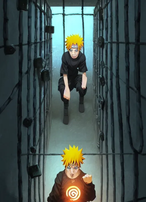 Image similar to highly detailed prison cell with naruto uzumaki with black hair, training behind metal bars, powerfully punching a wall, art by greg rutkowski, loish, rhads, ferdinand knab, makoto shinkai and lois van baarle, ilya kuvshinov, rossdraws, tom bagshaw, global illumination, radiant light, detailed and intricate environment