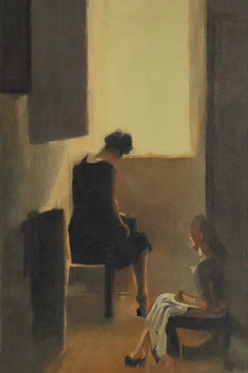 Image similar to oil painting, long view, hight detailed, woman sits in corner of empty room and look in the corner, back view, in style of neodada