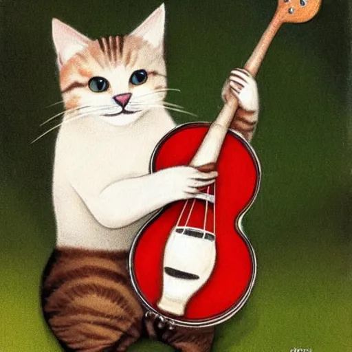 Image similar to cat cheerfully playing a banjo, sitting on a mushroom